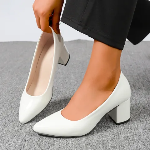 Women's Pointed Toe Block Heel Pumps PU Patent Leather Solid Color Slip On Office Work Banquet Shoes High Heels