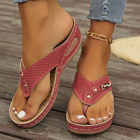 Tongs à Talon Compensé pour Femmes Sandales en Cuir PU Ajouré avec Strass Chaussures Plateforme Décontractées Été Plage