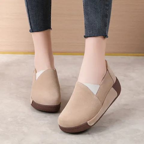 Damen Rindsleder Wildleder Schaukelschuhe Dicke Sohle Lässig Slip On Loafer Komfort Mama Schuhe Runde Zehenpartie