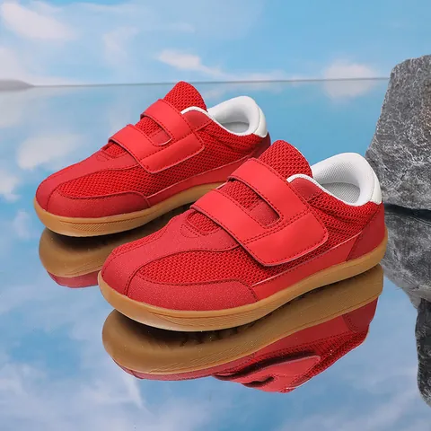 Kids Barefoot Sneakers Breathable Mesh Patchwork Sporty Training Shoes Dual Hook and Loop Straps Non-Slip Flat Shoes for Boys Girls