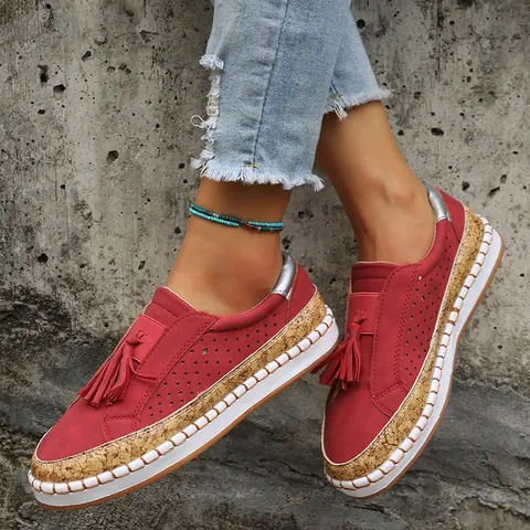 Mocassins Femme Décontractés à Enfiler Patchwork à Glands Bout Rond Confortables Perforés Chaussures de Marche à Semelle Souple