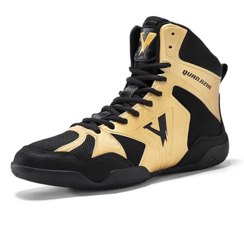 Professional High Top Boxing Shoes Men Wrestling Shoes Grappling Fighting Training Boots Non-slip Combat Sports Sneakers White Gold Black