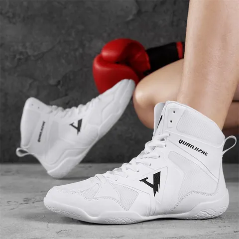 Professional High Top Boxing Shoes Men Wrestling Shoes Grappling Fighting Training Boots Non-slip Combat Sports Sneakers White Gold Black