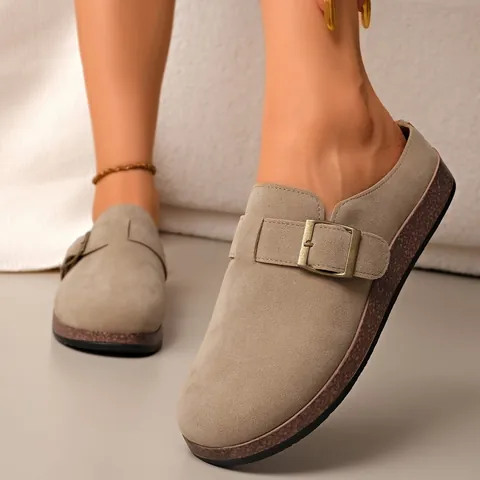 Women Vintage Suede Clogs Retro Belt Buckle Slip On Mules Casual Flat Cork Texture Platform Sandals Everyday Footwear