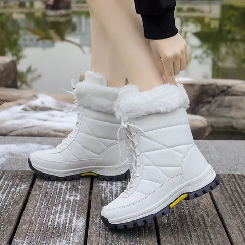 Bottes de Neige pour Femmes Doublées de Fausse Fourrure Bottes d'Hiver Mi-Mollet à Lacets Imperméables Matelassées Chaudes Extérieur