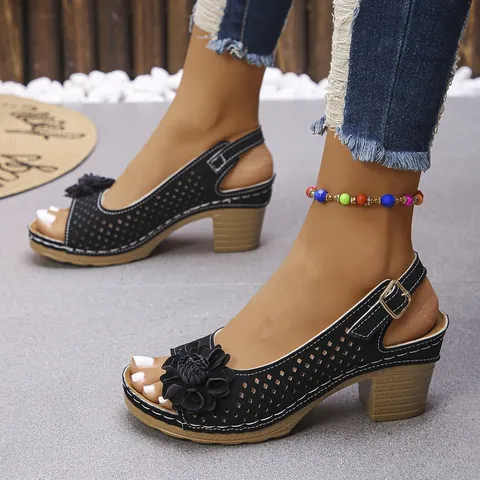 Women Flower Block Heel Sandals PU Leather Laser Cut Peep Toe 3D Floral Shoes With Buckle Strap Casual High Heel Sandals