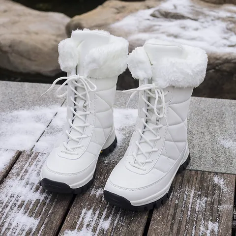 Bottes de Neige pour Femmes Doublées de Fausse Fourrure Bottes d'Hiver Mi-Mollet à Lacets Imperméables Matelassées Chaudes Extérieur