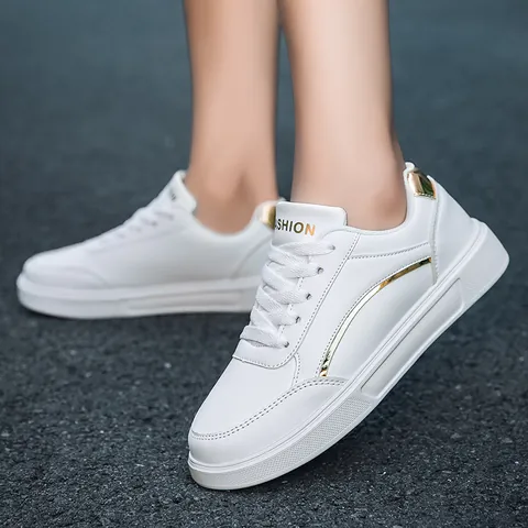 Women's Casual Microfiber Board Shoes Breathable Low Top White Sneakers Fashion Flat Skateboard Shoes Gold Silver Details