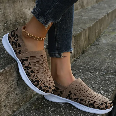 Γυναικεία Μοντέρνα Flyknit Sneakers με Λεοπάρ Μοτίβο Αναπνεύσιμο Πλέγμα Slip-On Casual Παπούτσια Πλατφόρμα Μεγάλα Μεγέθη