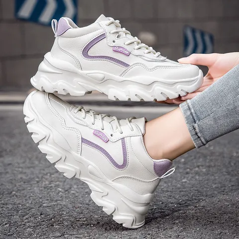 Fashion Women Chunky Sneakers Microfiber Platform Heightening Breathable Casual Sports Shoes Beige Blue Pink Dad Shoes