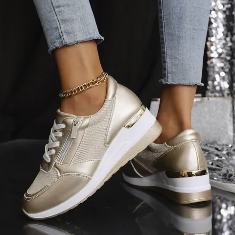 Women's Fashion Metallic Wedge Sneakers British Style PU Mesh Thick Sole Casual Shoes With Side Zipper Plus Size Platform