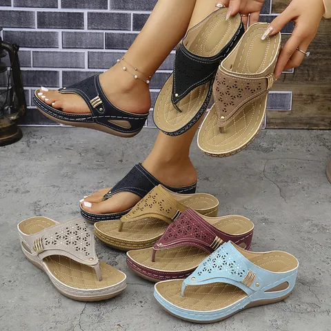 Sandalias de Cuña para Mujer Tallas Grandes Chanclas de Verano Recorte Láser Remaches Flip Flops Zapatos de Playa Casual
