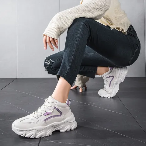 Fashion Women Chunky Sneakers Microfiber Platform Heightening Breathable Casual Sports Shoes Beige Blue Pink Dad Shoes