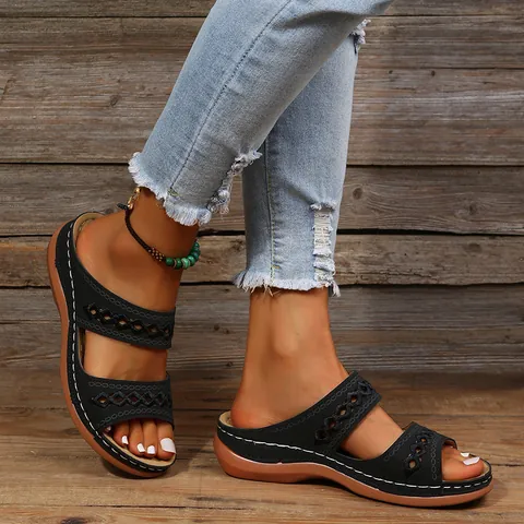 Ρετρό Σανδάλια Πλατφόρμα για Γυναίκες Casual Slides Γεωμετρικό Διάτρητο PVC Επάνω Μέρος Καουτσούκ Σόλα Αντιολισθητικά Παπούτσια