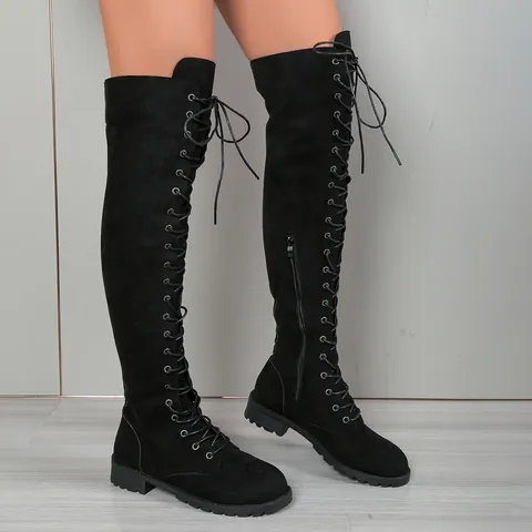 Women Sexy Over-the-Knee Boots Chunky Heel Lace-up Side Zipper Round Toe Flock Suede Long Knight Boots For Winter Autumn