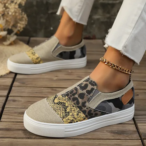 Women Casual Loafers Thick Sole Colorblock Canvas Shoes Patchwork Animal Leopard Snake Print Fashion Flat Sneakers Streetwear