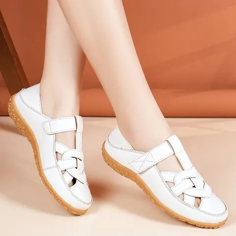 Damen Casual Hohl Sandalen Sommer Flache Strandschuhe Weiche Sohle Webmuster Schuhwerk Mit Klettverschluss
