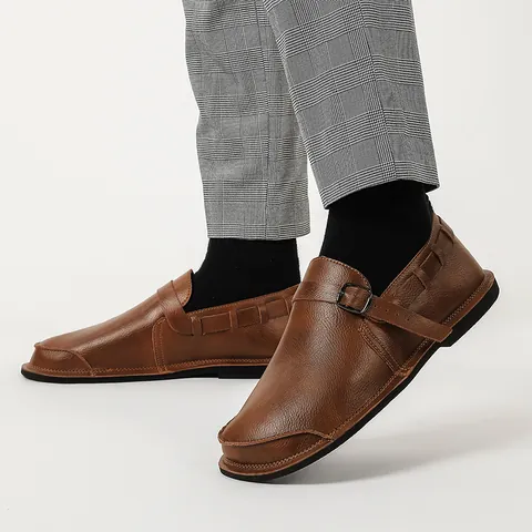 Chaussures Décontractées en Cuir Rétro pour Hommes Bout Large Couture Main Boucle Style Pieds Nus Respirantes Plates