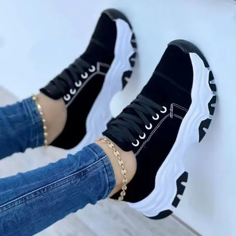 Women's Platform Sneakers Color-block Lace-up Canvas Upper Chunky Running Shoes Thick Sole Breathable Casual Sports Shoes
