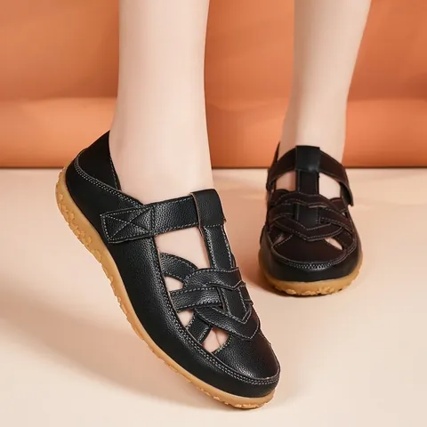 Damen Casual Hohl Sandalen Sommer Flache Strandschuhe Weiche Sohle Webmuster Schuhwerk Mit Klettverschluss
