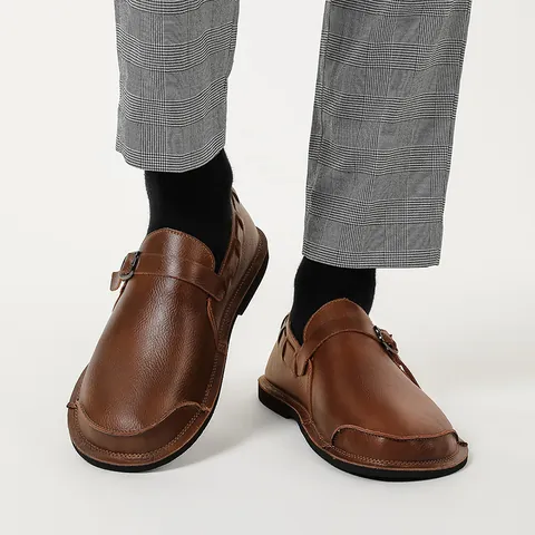 Chaussures Décontractées en Cuir Rétro pour Hommes Bout Large Couture Main Boucle Style Pieds Nus Respirantes Plates