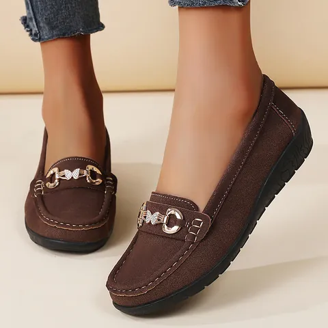 Women's Plus Size Casual Loafers Faux Suede PU Leather Rhinestone Butterfly Buckle Flat Moccasin Shoes With TPR Sole