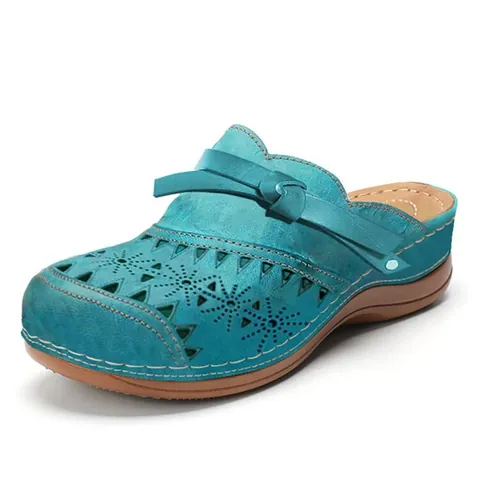 Women's Hollow Out Clogs Wedge Platform Sandals Butterfly Knot Laser Cut PU Leather Summer Slide Slippers Casual Comfort Shoes