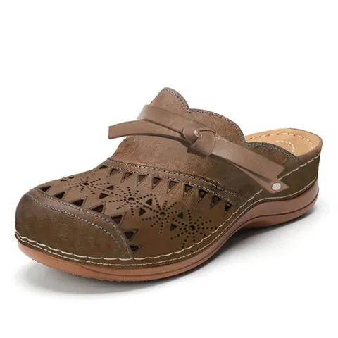 Women's Hollow Out Clogs Wedge Platform Sandals Butterfly Knot Laser Cut PU Leather Summer Slide Slippers Casual Comfort Shoes