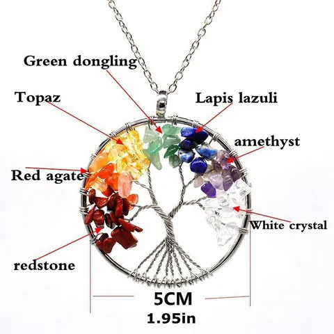 Handmade Tree of Life Pendant Necklace Natural Stone Chip Beads Wire Wrapped Boho Jewelry For Women Men Crystal Healing Necklace