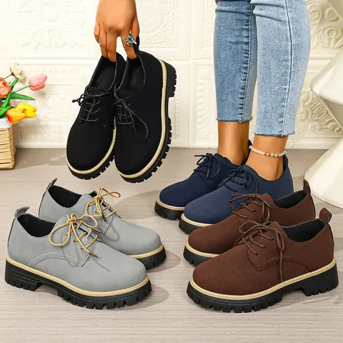 Mocasines de Cuero de Vaca para Mujer Zapatos de Plataforma Casuales de Otoño con Cordones Punta Redonda Estilo Británico Tacón Bajo Color Sólido