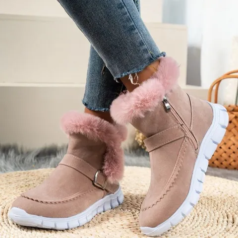 Dames Winter Sneeuwlaarzen Met Warme Faux Bonte Voering En Suède Supervezel Bovenwerk Zijrits Dikke Rubberen Zool Winter Laarzen