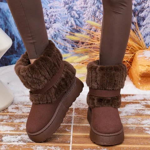 Women Winter Warm Snow Boots Fashion Flat Shearling Cotton Boots Faux Fur Collar Metal Buckle Outdoor Anti-slip Footwear