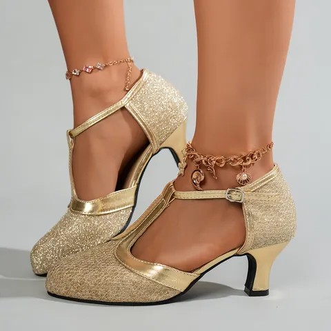Women Latin Dance Shoes Glitter T-Strap High Heel Ballroom Dancing Shoes Synthetic Leather Performance Party Square Dance Shoes