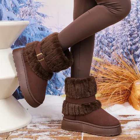 Women Winter Warm Snow Boots Fashion Flat Shearling Cotton Boots Faux Fur Collar Metal Buckle Outdoor Anti-slip Footwear