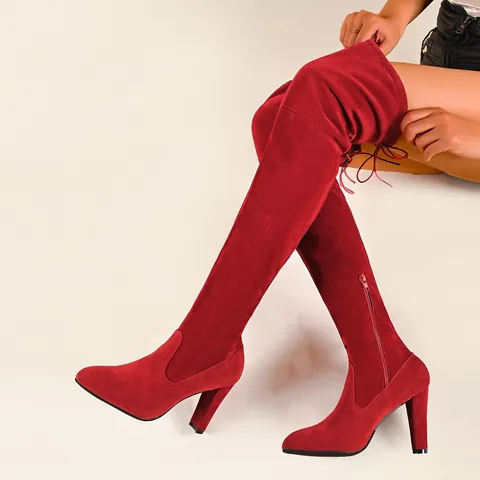 Women Over-the-Knee Boots Pointed Toe Chunky High Heel Suede Stretch Thigh High Boots Side Zipper Fashion Autumn Winter Shoes