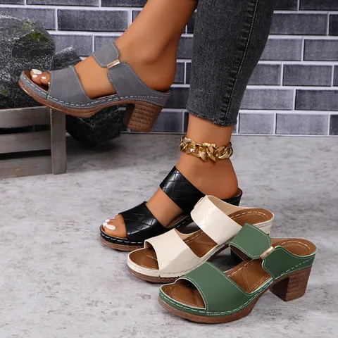 Women Chunky High Heel Slide Sandals Quilted Microfiber PU One Strap Open Toe Mules Summer Fashion Casual Shoes