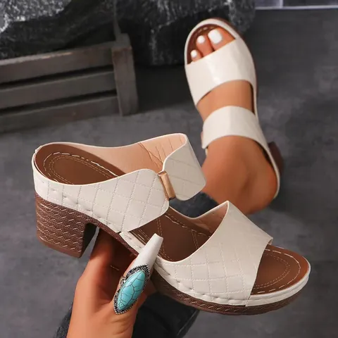 Women Chunky Heel Sandals Peep Toe Quilted Strap Buckle Platform Slides Casual PU High Heel Summer Shoes For Women