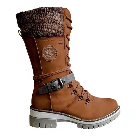 Women Mid-Calf Knight Boots Winter PU Belt Buckle Knit Collar Side Zipper Thick Heel Fleece Lined Plus Size Riding Boots