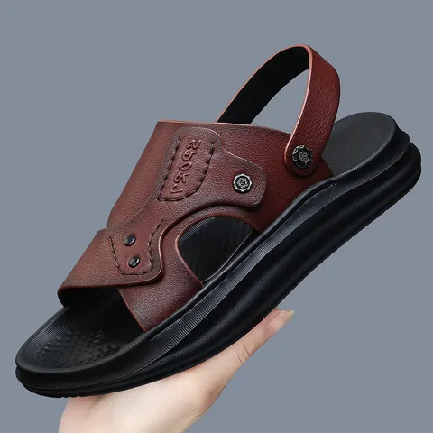 Sandales en Cuir de Vachette Véritable pour Hommes Chaussures de Plage d'Été Antidérapantes Respirantes Pantoufles à Deux Voies Sandales Décontractées de Mode de Plein Air pour Hommes