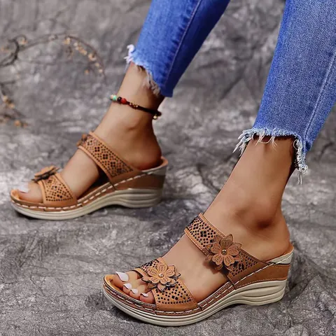 Women's Wedge Sandals Summer Rhinestone Flower Slip-on Platform Slippers Casual Comfortable PU Open Toe Slides For Outdoor Leisure