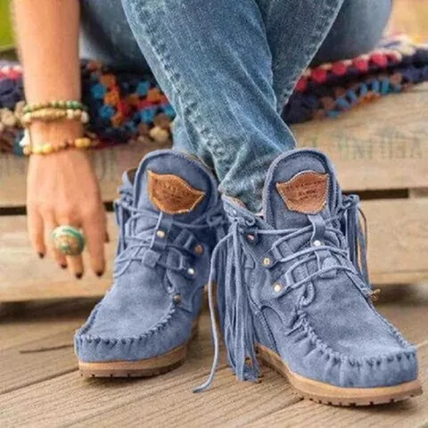 Stivaletti con Nappine da Donna in Scamosciato con Frange Stringati Stile Mocassino Punta Tonda Zeppa Stivali Autunno Inverno