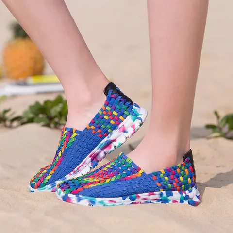 Mocassini da Donna alla Moda Intrecciati a Mano Traspiranti Slip-On Casual Ajouré Elastici Scarpe da Passeggio Arcobaleno Sneakers DZ525
