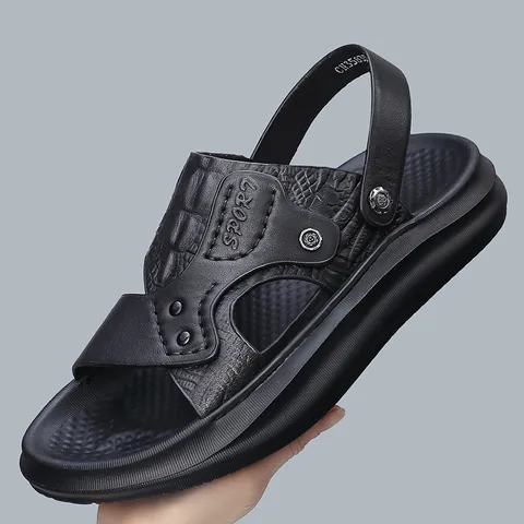 Sandales en Cuir Véritable Premium pour Hommes Chaussons de Plage Respirants Antidérapants Chaussons d'Extérieur Haut de Gamme à Deux Voies Chaussures Décontractées à Bout Ouvert pour Hommes