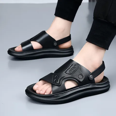 Sandales en Cuir de Vachette de Première Couche pour Hommes Chaussures de Plage Antidérapantes Respirantes Pantoufles Décontractées à Double Usage Sandales à Semelle Epaisse
