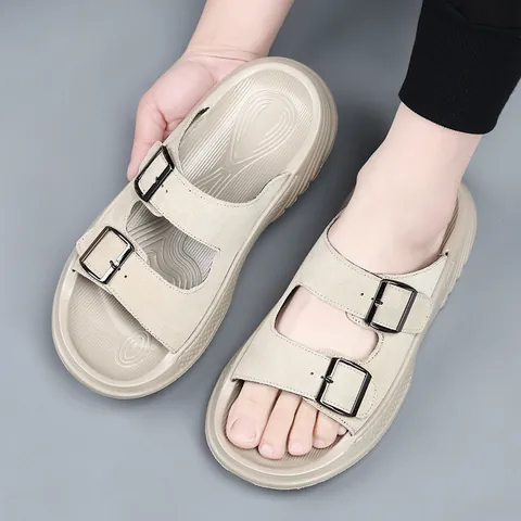 Sandales Décontractées en Daim de Vache pour Hommes Double Boucle Réglable Plateforme Mules d'Été Plage Antidérapantes Légères