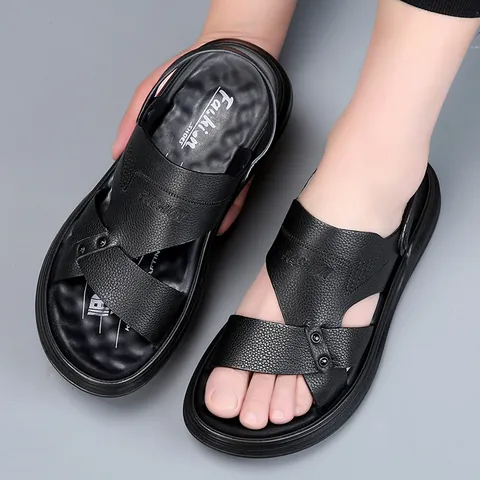 Sandales en Cuir de Vachette pour Hommes Chaussures de Plage d'Été Semelle Souple Mules Décontractées Sandales à Usage Double