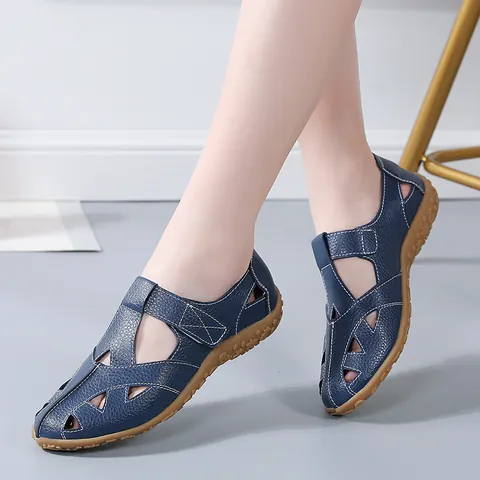 Damen Ausschnitt Rindsleder Sandalen Lässig Römische Flache Schuhe Atmungsaktiv Krankenschwester Slipper Komfort Klettverschluss