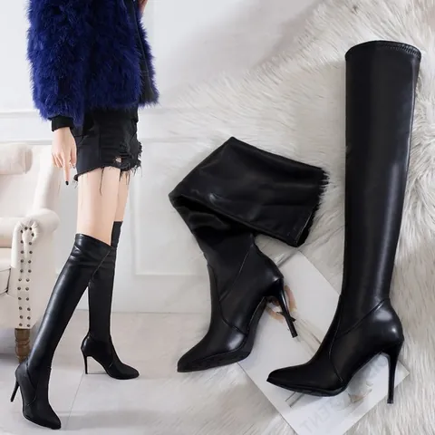 Women Sexy Black Over The Knee Boots PU Leather Pointed Toe Stiletto High Heel Stretch Slim Long Boots Fashion Thigh High Boots