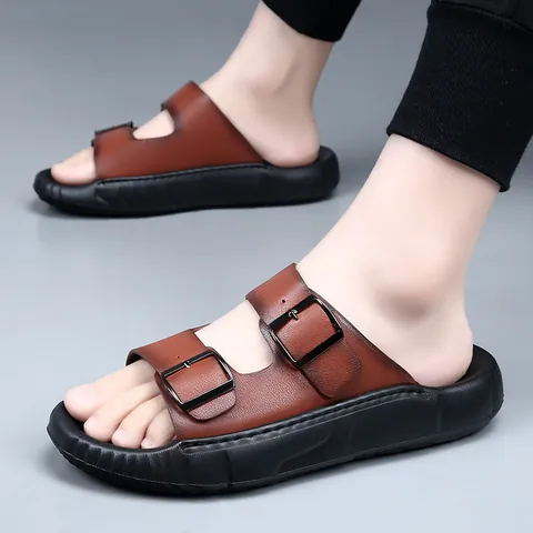 Sandales en Cuir de Vachette Première Couche pour Hommes Mules d'Été Antidérapantes Semelle Souple Chaussures Plage Mode Double Boucle