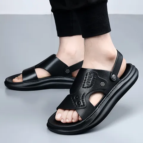Sandales en Cuir Véritable Premium pour Hommes Chaussons de Plage Respirants Antidérapants Chaussons d'Extérieur Haut de Gamme à Deux Voies Chaussures Décontractées à Bout Ouvert pour Hommes